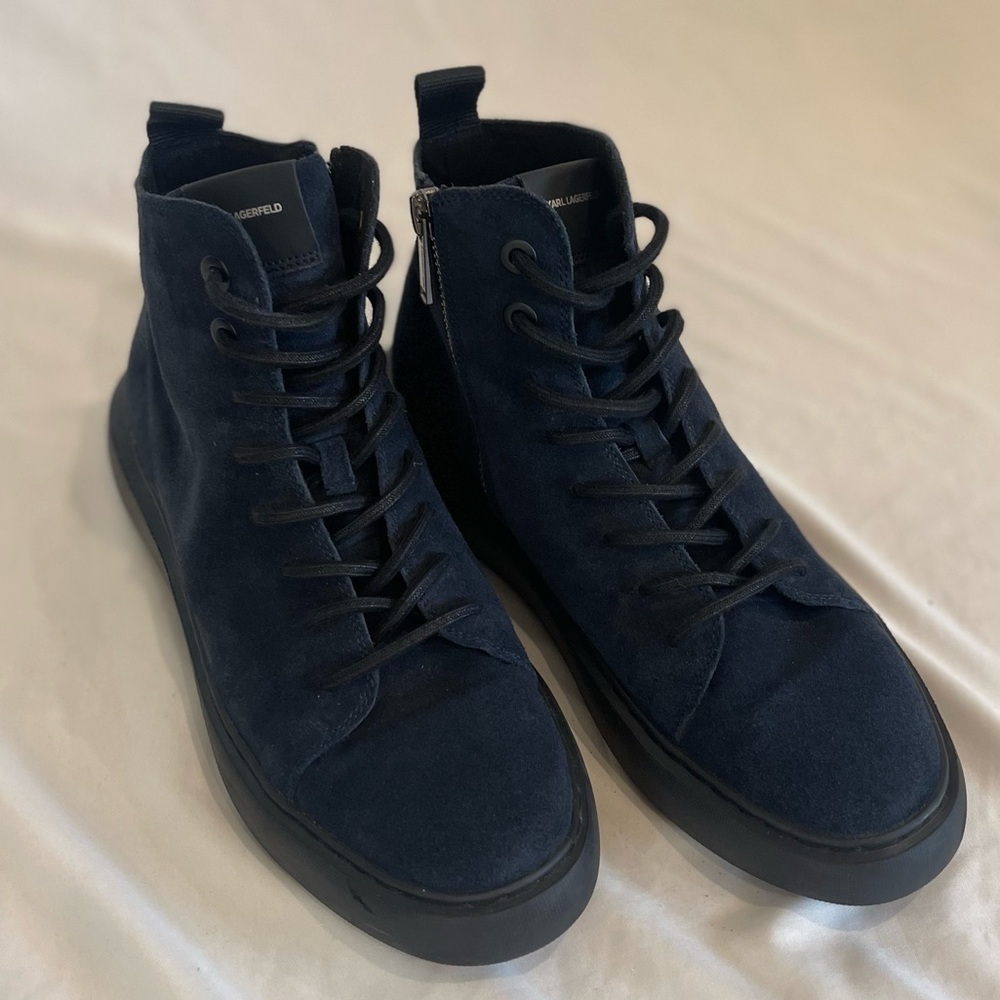 Karl Lagerfeld Paris Suede High Top Blue Lace Up Sneakers Side Zipper Size 9M - Picture 3 of 16